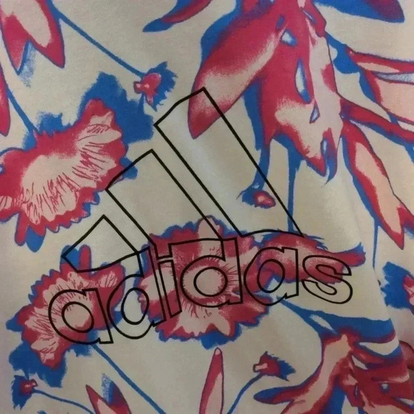 Adidas Women's Bloom Allover Print Tee-White/Pink/Blue - Picture 4 of 7